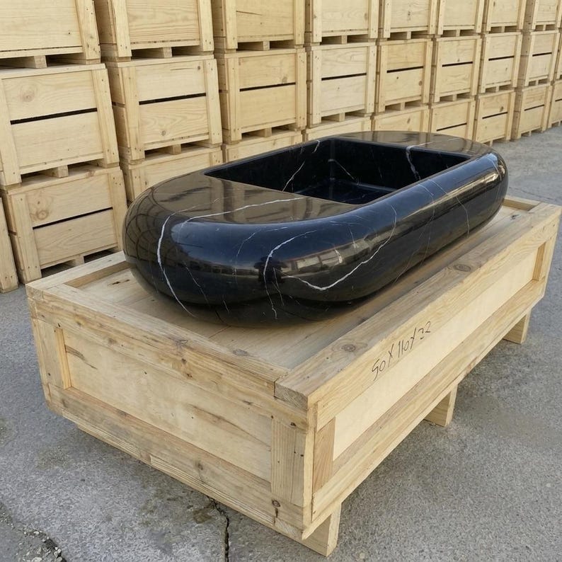 Nero Marquina Marble round vessel sink — right side view (photo 5)