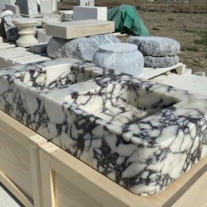 Handcarved Calacatta Viola marble double basin sink by Marblyart, custom made to order — photo 3 of 12