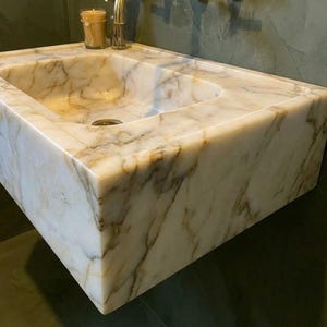 Handcarved Calacatta Gold marble vessel sink by Marblyart, custom made to order — photo 6 of 13
