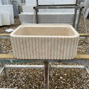 Handcarved beige travertine marble vessel sink by Marblyart, custom made to order — photo 4 of 13