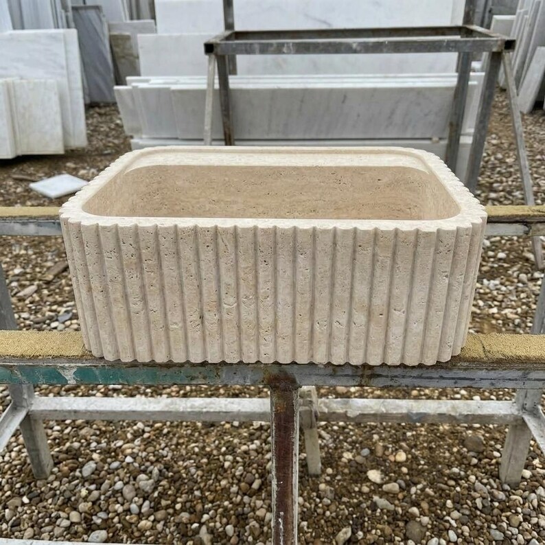 Handcarved beige travertine marble vessel sink by Marblyart, custom made to order — photo 4 of 13