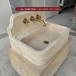 Handcarved beige travertine marble wall mounted sink by Marblyart, custom made to order — photo 1 of 11