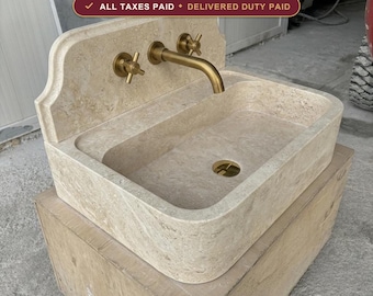 Beige Travertine Wall Mount Sink, Handmade, Wall Mounted Bathroom Basin