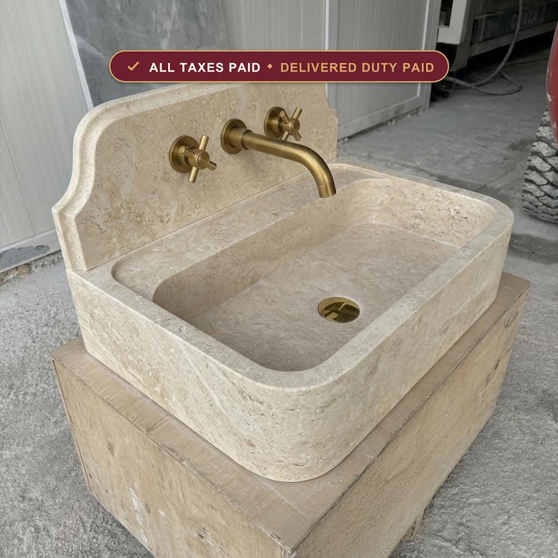 Handcarved beige travertine marble wall mounted sink by Marblyart, custom made to order — photo 1 of 11