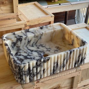 Handcarved Calacatta Viola marble vessel sink by Marblyart, custom made to order — photo 4 of 11
