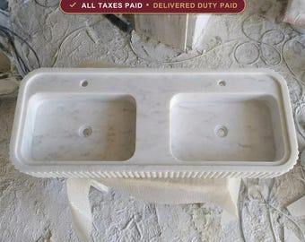 Carrara White Marble Fluted Vessel Sink, Double Basin Handcarved, Above Counter Bathroom Basin