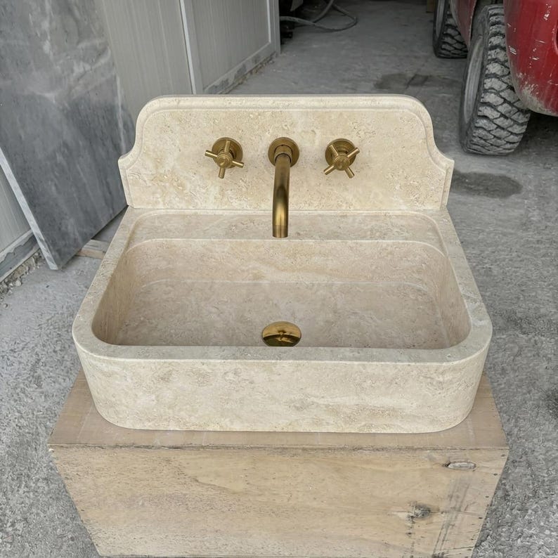 Beige Travertine wall mount sink — front view (photo 11)