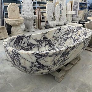 Handcarved Calacatta Viola marble freestanding bathtub by Marblyart, custom made to order — photo 7 of 13