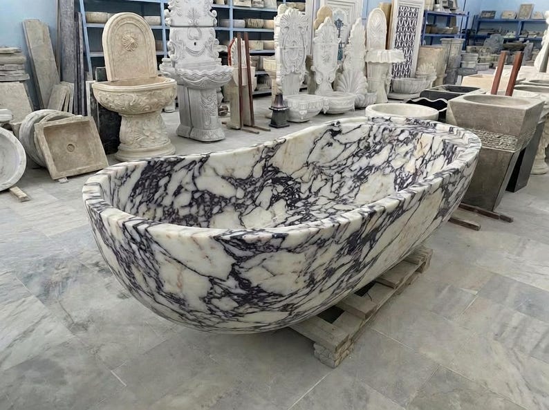 Handcarved Calacatta Viola marble freestanding bathtub by Marblyart, custom made to order — photo 7 of 13