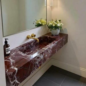 Handcarved Rosso Levanto marble floating vanity sink by Marblyart, custom made to order — photo 6 of 11