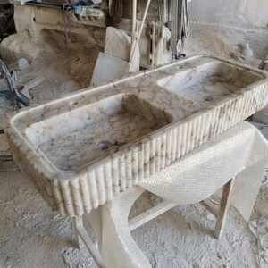 Handcarved Calacatta Gold marble double basin sink by Marblyart, custom made to order — photo 12 of 13