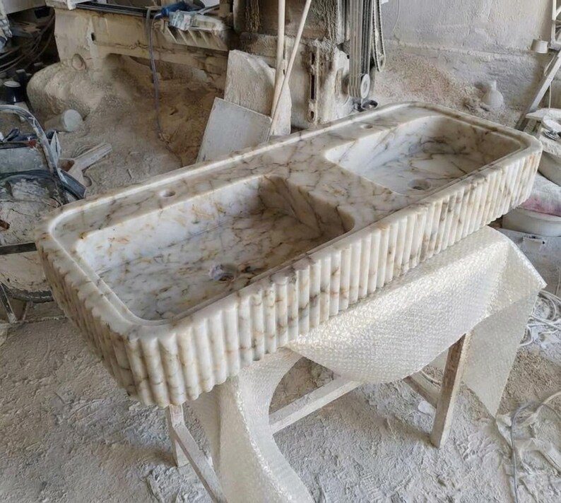 Handcarved Calacatta Gold marble double basin sink by Marblyart, custom made to order — photo 12 of 13