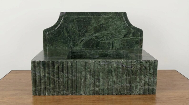 Handcarved Verde green marble wall mounted sink by Marblyart, custom made to order — photo 13 of 14