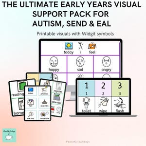 Op de afbeelding: Een verzameling visuele hulpmiddelen voor het vroege onderwijs. De afbeelding toont een computermonitor en een laptop met afdrukbare visuals met Widgit-symbolen. De visuals bevatten woorden en afbeeldingen voor gevoelens, dagelijkse activiteiten en routines.
