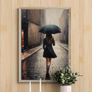 Rainy Day Wall Art | Girl with Umbrella Digital Print | Moody Urban Street Scene | UK Oil Painting Style | Dark Aesthetic Poster