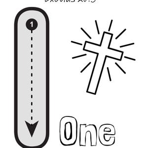 May include: Black and white illustration with text. The image includes a cross with radiating lines, a number one, and the word "One." The text at the top reads "Have no other gods. Exodus 20:3."