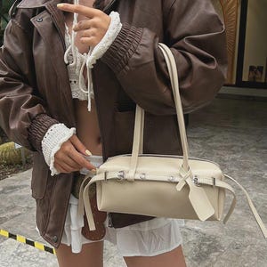 Leather Baguette Bag, Retro Cylinder Purse, 90s Y2K Style Handbag, Designer Bag
