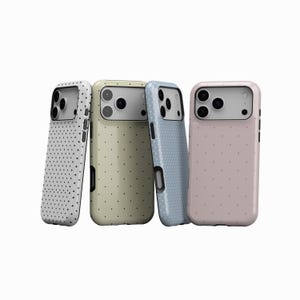 May include: Four phone cases in a row, each with a different color and dotted pattern. The colors are white, light green, light blue, and pink. The cases have a camera cutout and black side buttons.