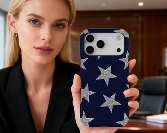 Silver Glitter Stars Phone Case, Navy Blue Y2K Starry Aesthetic Cover, Minimal Chic Night Sky, iPhone 17 16 15 14 13 12 Pro Max, Samsung S25