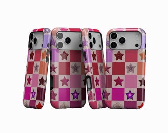 Pink Checkerboard Star Phone Case, Colorful Glossy Star Pattern Cover, Cute Aesthetic Gift, iPhone 17 16 15 14 13 12 11, Samsung S25 S24