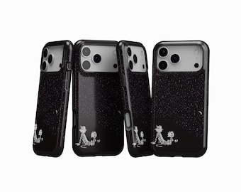 Capa para celular Noite Estrelada, capa minimalista preta com céu galáctico, design fofo de desenho animado com linhas, para iPhone 17, 16, 15, 14, 13, 12 Pro Max, Samsung S25, S24