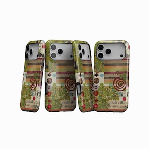 May include: Four phone cases with a colorful, patterned design. The cases feature a mix of stripes, musical notes, buttons, and swirls in shades of green, red, brown, and cream. The cases are designed to fit a smartphone.