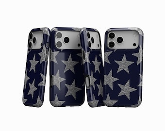 Sparkly Star Navy Tough Phone Case, Trendy, Cute Y2K Aesthetic Dual Layered Protective, iPhone 17 16 15 14 13 12 11 Pro Max, Samsung S25 S24
