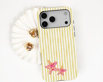 Starfish Stripe iPhone Case, Yellow Summer Protective Cover, Striped Beach Design,Beach Vacation, iPhone 17 16 15 14 13 12, Samsung S26 S24