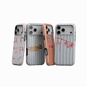 May include: Four phone cases with beach-themed designs. One case has pink and white striped background with pink bikini illustrations. Another has a blue and white striped background with a hot dog illustration. The third case has an orange and white striped background with bikini illustrations. The last case has a blue and white striped background with bikini illustrations.