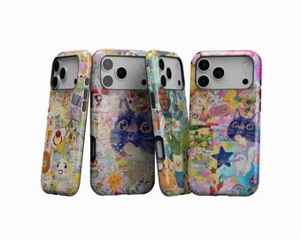 Funda para teléfono Kawaii Collage, funda estética japonesa adorable, funda con diseño de gato de dibujos animados y pegatinas Kawaii, compatible con iPhone 17, 16, 15, 14, 13, 12 y 11, Samsung