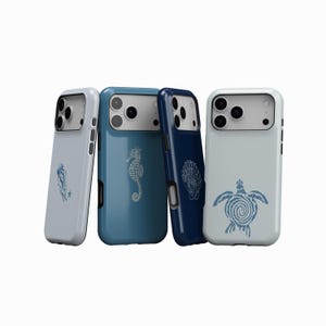 May include: Four phone cases in shades of blue, each featuring a different sea-themed design. The designs include a jellyfish, seahorse, seashell, and turtle. The cases are made of a hard, protective material.