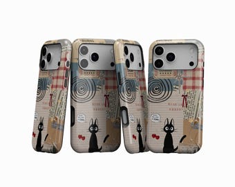 Black Cat Phone Case - Aesthetic Japan Kitty Art Cover, Retro Cat Collage Phone Case, iPhone 17 16 15 14 13 12 11 Pro Max, Samsung S25 S24