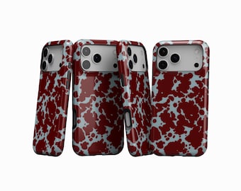 Peut inclure: Quatre coques de téléphone avec un motif éclaboussé bordeaux et bleu clair. Les coques sont présentées sous différents angles, mettant en valeur le design sur le devant et les côtés. Finition brillante, conçues pour smartphone.