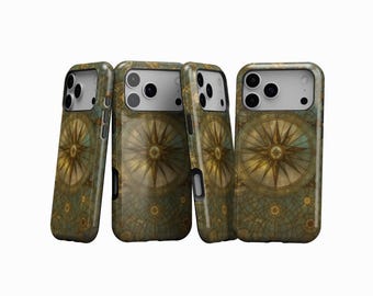 Étui pour téléphone vintage en vitrail Boussole : protection double couche, coque de carte nautique steampunk, iPhone 17 16 15 14 13 Pro Max, Samsung S25