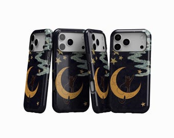 Black Cat Phone Case, Celestial Witchy Night Sky Cover, Mystic Stars Aesthetic Case, iPhone 17 16 15 14 13 12 11 Pro Max, Samsung S25 S24