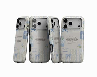Christian Bible Verse Phone Case, Pastel Blue Bow Scripture Cover, Faith Cottagecore Aesthetic Case, iPhone 17 16 15 14 13 12, Samsung S25