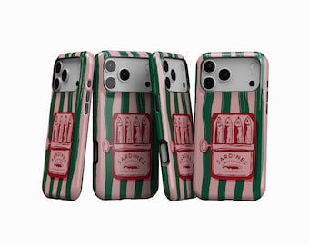 Sardine Phone Case, Retro Tinned Fish iPhone Case, Funky Pink Green Striped Art Case, iPhone 17 16 15 14 13 12 11 Pro Max, Samsung S25 S24