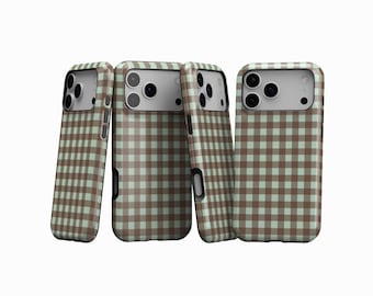 Boho Gingham Personalized Phone Case, Mint Brown Gingham Phone Case, Retro Checkered Phone Cover, iPhone 17 16 15 14 13 12, Samsung S25 S24