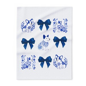 Cozy Fleece Blanket with Blue Chinoiserie Corgi Design, Corgi Lovers Gift, Chinoiserie, Pet Lover Throw, Blue Bow Accent, Corgi Mom Gift