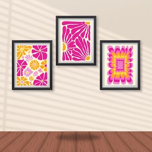 Retro Flower Power Digital Print Set – 3 Groovy Boho Floral Wall Art Posters in Pink, Orange & Lilac – 70s Inspired Printable Decor