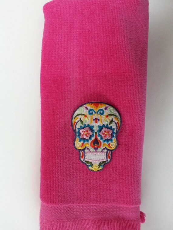 Rose Sugar skull fingertip TOWEL goth FREE SHIP cute black applique bath