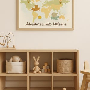 Adventure Awaits Nursery Print, Printable World Map Wall Art, Travel Theme Nursery Decor, Animal Airplane Poster, Aviation Digital Download