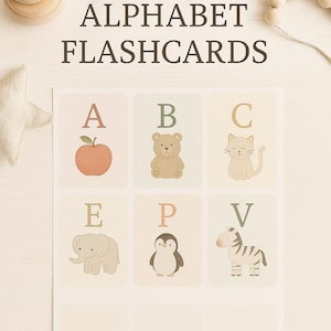 Afdrukbare AZ-alfabet-flashcards voor kinderen | ABC-kaarten met pastelkleurige dieren en voorwerpen | Educatief kinderdagverblijfdecor pdf | Flashcards leren voor peuters