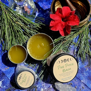 May include: An overhead shot features three open tins of green balm, with a fourth tin labeled "Pine Pitch Balm." The tins sit on a blue surface with pine needles, crystals, and a red flower. The balm appears to be a natural skincare product.