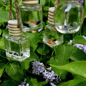 May include: Clear glass air fresheners with wooden caps hang from twine, filled with colorful stones. The air fresheners are surrounded by green leaves and purple lilac flowers, creating a natural, decorative aesthetic.