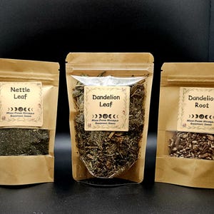 Może przedstawiać: Trzy brązowe torebki z papieru kraft z przezroczystymi okienkami zawierające suszone zioła. Etykiety mają napisy Nettle Leaf, Dandelion Leaf i Dandelion Root, grafikę faz księżyca oraz tekst Moon Phase Harvests Botanical Items.