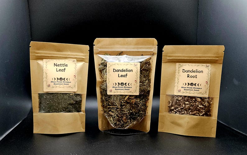 Może przedstawiać: Trzy brązowe torebki z papieru kraft z przezroczystymi okienkami zawierające suszone zioła. Etykiety mają napisy Nettle Leaf, Dandelion Leaf i Dandelion Root, grafikę faz księżyca oraz tekst Moon Phase Harvests Botanical Items.