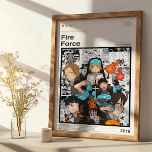 May include: A framed poster featuring the Fire Force anime series with the text Studio David Production, Fire Force, Atsushi Ohkubo, and 2019. The artwork displays a collage of manga panels and colored character illustrations in black, blue, and orange.