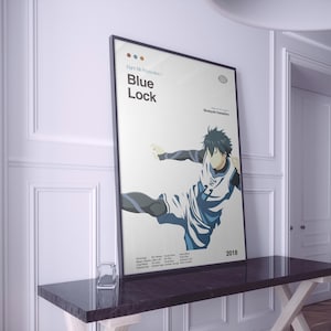 May include: A poster for the anime "Blue Lock" featuring a character in a blue and white football kit with the text "Eight Bit Production" and "Blue Lock" in white. The poster also includes the text "Muneyuki Kaneshiro" and "2018".