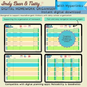 Pode incluir: Organizador digital de trabalhos de casa Indy Bear & Netty com hiperligações para transferência imediata. Quatro ecrãs de tablet apresentam modelos semanais de tarefas, lembretes, notas e calendários em tons pastel com linhas verdes, azuis e amarelas.